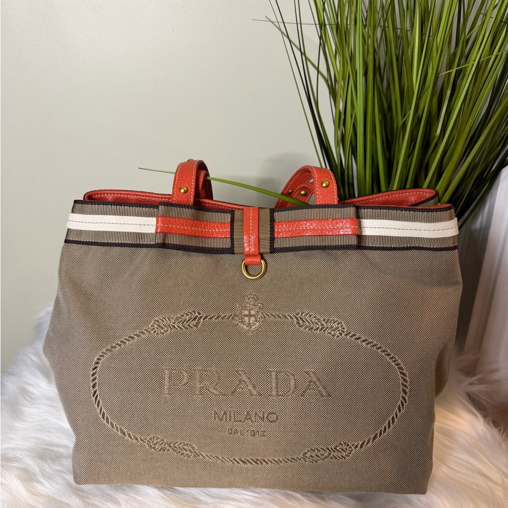 Prada Beige and Red Canvas Tote